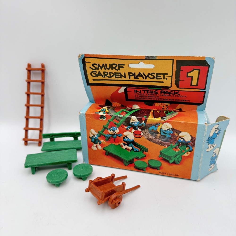 Vintage Smurf Garden Playset 1 Peyo Schleich Accessories Table Bench Ladder Box
